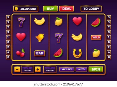 Screen for slots games. Lottery and raffle of big cash prizes, wheel of luck. Graphic elements for online casino, gambling. Bet and win. Interface for programs. Cartoon flat vector illustration