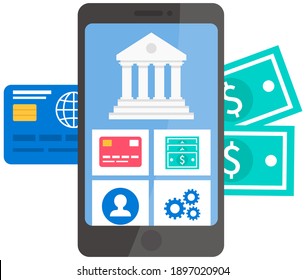 Screen of smartphone with the image of layout design of the application for online banking. App for contactless transactions and transfer of funds. Phone on the background of banknotes and credit card