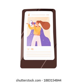 Screen of smartphone with a social network post of woman activist vector flat illustration. Internet advertisement in social media with female influencer isolated. Promotion campaign in blog