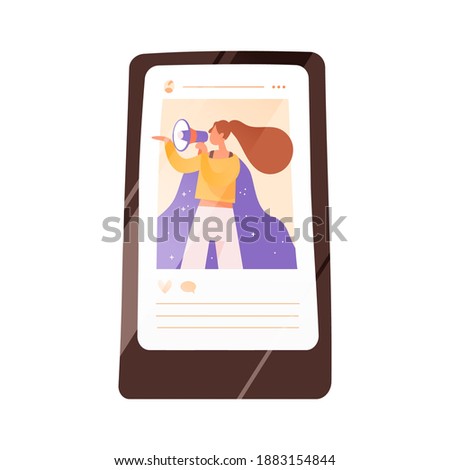 Screen of smartphone with a social network post of woman activist vector flat illustration. Internet advertisement in social media with female influencer isolated. Promotion campaign in blog