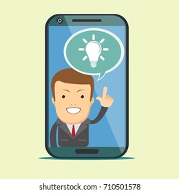 Screen smartphone with virtual assistant - businessman. Hi-tech flat design concept. Stock vector illustration.