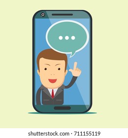 Screen smartphone with virtual assistant - businessman. Hi-tech flat design concept. Stock vector illustration.