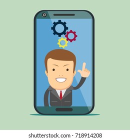 Screen smartphone with virtual assistant - businessman. Hi-tech flat design concept. Stock vector illustration.