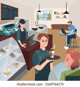 A screen of students working part time in a barista. People in cozy cafe, coffee shop interior, customers and waitress, vector illustration. Stylish restaurant, comfortable bakehouse, dessert menu. 