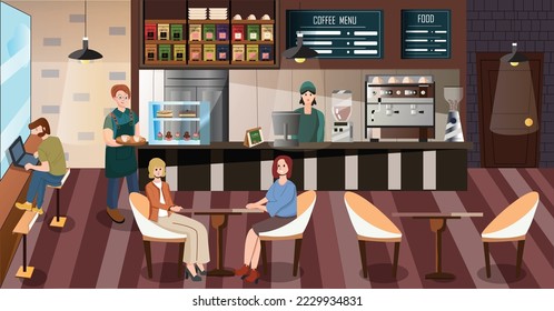 A screen of students working part time in a barista. People in cozy cafe, coffee shop interior, customers and waitress, vector illustration. Stylish restaurant, comfortable bakehouse, dessert menu.