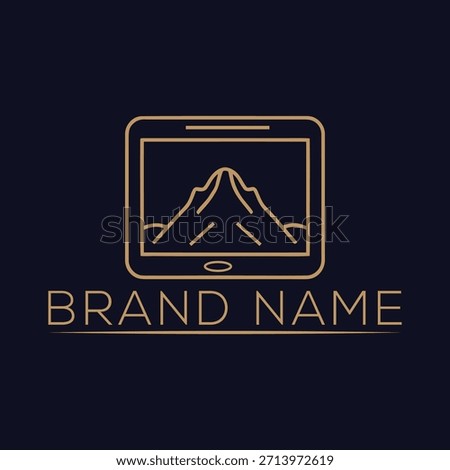 The screen of the tablet displays a minimalist line art illustration of mountain peaks sophistication
