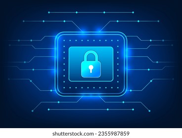 Screen technology background Screen with lock in the middle and has a circuit board surrounding it Refers to accessing a cyber-secured system. Prevent data theft and data damage