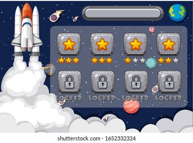 Screen template for computer game with spaceship in space background illustration