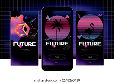 Screen template for mobile smartphone. Trendy elements in vaporwave style from 80s-90s. Old wave cyberpunk concept. 