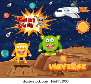 Screen template for space game with word game over illustration