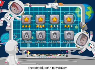 Screen template for space theme game with astronauts in background illustration