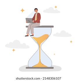 Screen time concept. Man with laptop sits on hourglass, time management and responsible employee. Businessman or entrepreneur working on project, exhausted guy. Cartoon flat vector illustration