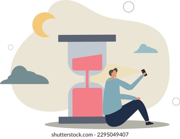 Screen time, doom scrolling or wasted time using smartphone, staying late night with mobile addiction concept.flat vector illustration.