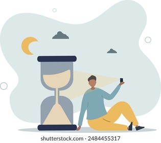 Screen time, doom scrolling or wasted time using smartphone, staying late night with mobile addiction concept.flat design.illustration with people.