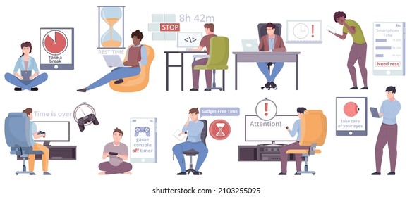 Screen Time Limit Control Flat Set With People Using Various Gadgets Isolated Vector Illustration