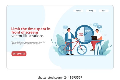 Screen Time Management Illustration. A focused man on a laptop balances work and health with a reminder to take breaks, alongside a bicycle. Flat vector illustration.