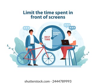 Screen Time Management Illustration. A focused man on a laptop balances work and health with a reminder to take breaks, alongside a bicycle. Flat vector illustration.