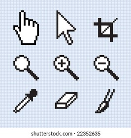 Screen tools. Illustration of popular icons on a separate grid background.