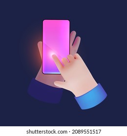 Pantalla táctil. Golpear a mano con el dedo índice en la pantalla táctil móvil. Usando el teléfono móvil.
