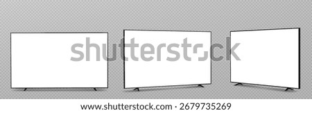 Screen tv mockup set with blank white displays and black frames on transparent background for presentation or media content. Modern flat television monitors with stands for digital advertising design.