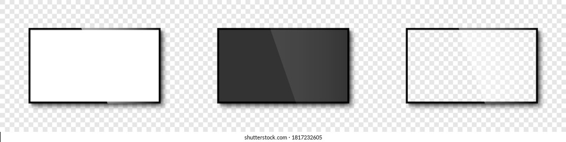 Screen TV. Tv with white, black and transparent screens. Realistic mockup tv screen. Vector illustration