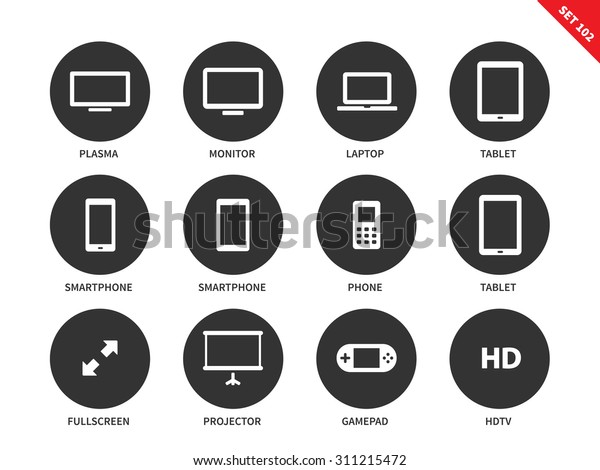 Screen vector icons set. Computing\
and technology concept. Display items, plasma, monitor, laptop, \
phone, projector, gamepad, hd. Isolated on white\
background