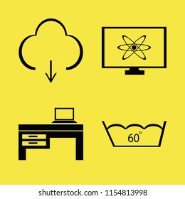 screen vector icons set. with download, atom monitor, delicate gentle degrees and laptop desk in set