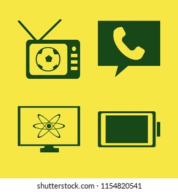 screen vector icons set. with full battery, football tv match, atom monitor and phone in set