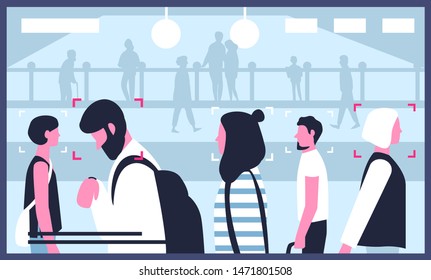 Screen with video from CCTV cameras installed in public location. Modern surveillance technology used for monitoring, face identification, public security. Flat cartoon colorful vector illustration.