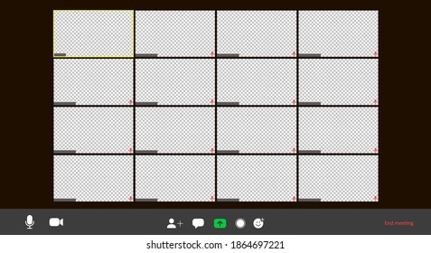 Screen video conference. Video call interface. Online meeting template. Screen of sixteen video conference cells on a computer. Vector illustration