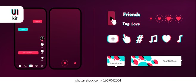 Screen With Video On Mobile. UI Template Big Bundle For Social Media Networks. Icons, Logo, Tutorial, Animation And Notification Set. Mobile Interface Kit. Vector Illustration Tik Tok Mock Up