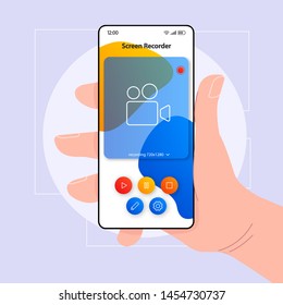 Screen video recorder smartphone interface vector template. Mobile app page color minimalist design layout. Multimedia screen. Flat UI for application. Hand holding phone with video record on display