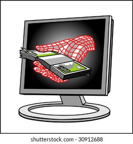 Screen with wired hand and banknotes