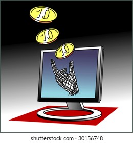 Screen with wired hand and spending  money, coins