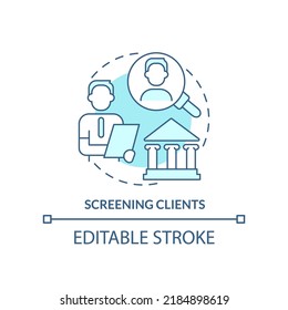 Screening clients turquoise concept icon. Ethical practice in banks abstract idea thin line illustration. Identify risks. Isolated outline drawing. Editable stroke. Arial, Myriad Pro-Bold fonts used