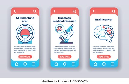 Сancer screening diagnosis on mobile app onboarding screens. Line icons, MRI machine scan, oncology research, brain cancer. Banners for website and mobile kit development. UI/UX/GUI template.