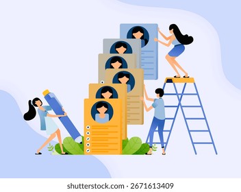 Screening employee profiles of each applicant with checklists and ticks. Illustration design can be used for book cover, banner, website, web, ads