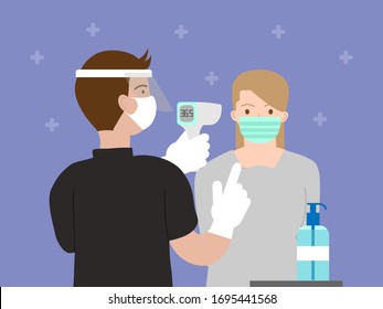 Screening point Covid 19 flat vector illustration.Communicable diseases respiratory system.Men use thermometer with women