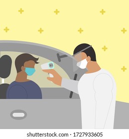 Screening point Covid 19 flat vector illustration.Communicable diseases respiratory system.Men use thermometer with a man in the car
