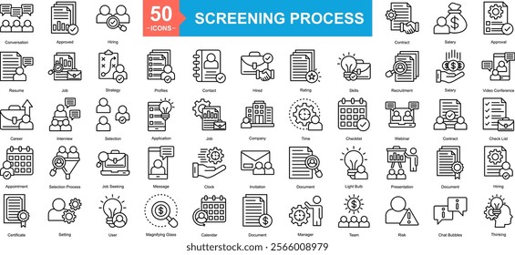 Screening Process Icon Sheet Conversation, Approved, Certificate, Resume, Career, Appointment, Hiring, Approval, Video Conference, Check List, Hiring, Thinking, Contract, Salary, Job, Strategy, Profil