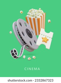 Screening of vintage films. Commercial vertical template. Event announcement. Vector concept with realistic illustration, text, green background. Movie time