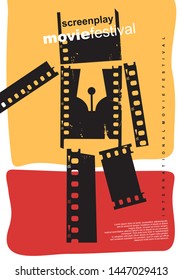 Screenplay film festival abstract poster design. Artistic flyer concept for movie event with figure made from film strips. Cinema vector illustration.