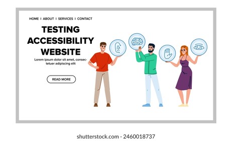 screenreader testing accesibility website vector. keyboard contrast, font size, mobile responsive screenreader testing accesibility website web flat cartoon illustration