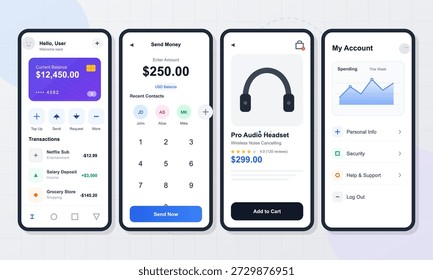 Las pantallas muestran una aplicación de banca digital. El usuario ve el saldo, envía dinero a los contactos y comprueba los productos para su compra. Se describen varias secciones para detalles de compras y Cuenta.