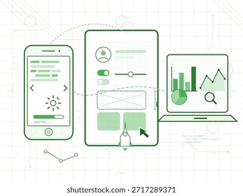 Las pantallas muestran varias herramientas digitales para la comunicación y el análisis de datos. Un smartphone muestra mensajes. Una tableta muestra Configuraciones y un sobre. Una computadora portátil cuenta con gráficos y gráficos.