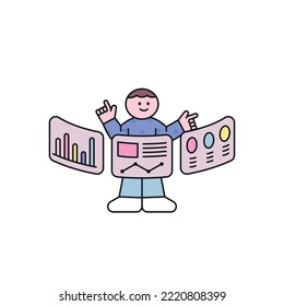 Screens are floating in the air, and cute characters are touching and analyzing data. outline simple vector illustration.