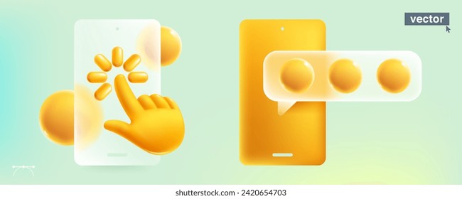 Screens with hand shape cursor and chat icon in glassmorphism style. 3D finger point and click loading realistic icon. Transparent plastic chart frames template. Vector cartoon render of touch screen.