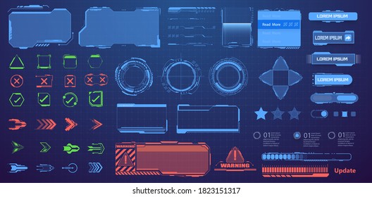 Screens HUD, UI, GUI. Callouts titles. A set of sci-Fi modern user futuristic  interface elements, buttons, arrows, frames, downloads. Information call box bars, modern digital info boxes layout.