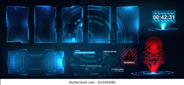Screens HUD, UI, GUI futuristic interface. Callouts titles. Head up screens for video games, apps, movie. Sky-fi holograms, warning in the form of holograms - attention, danger, countdown. Vector set