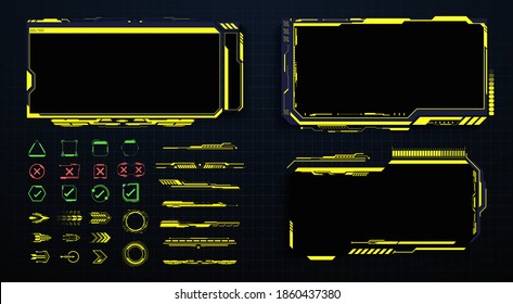 Screens HUD, UI, GUI futuristic interface. Callouts titles. Head up screens for video games, apps, movie. frame in Sci- Fi style. Bar labels, info call box bars. Futuristic info boxes layout templates